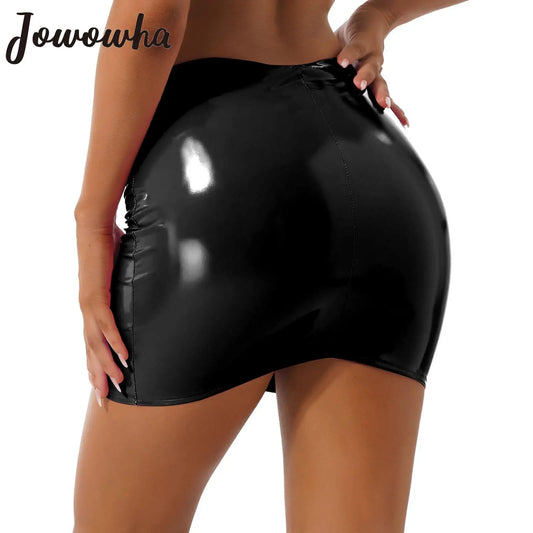 Elastic Glossy Patent Leather Miniskirt Solid Metallic Color