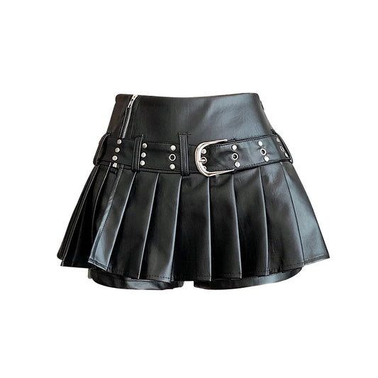 Black Gothic A-line Pleated Leather Skirt Y2k Mini Shorts