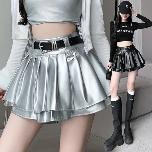 Belt High Waist Cool Silver Leather Mini Skirt